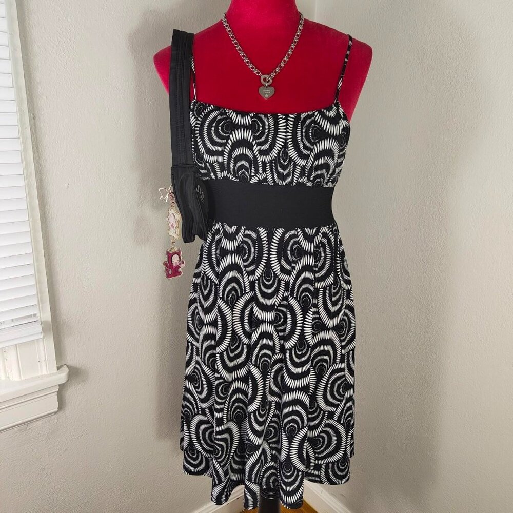 Y2K 2000s Futuristic Mod Print Cyber Black White Spiral Babydoll Dress Medium